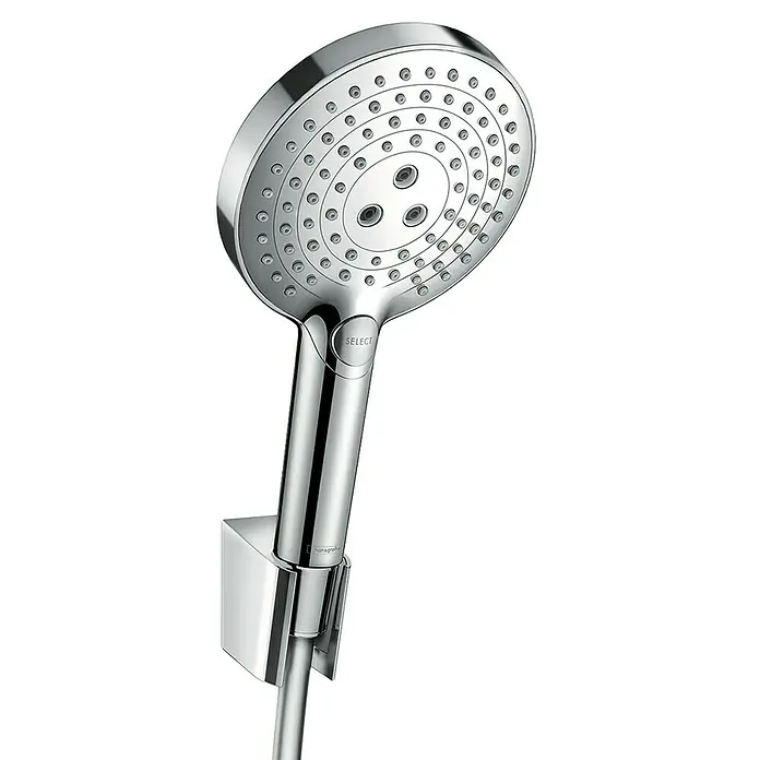 Hansgrohe Brause-Set Raindance Select S 120 - Anzahl Funktionen: 3 Stk., Durchmesser Handbrause: 12,5 cm, Chrom - Bild einer Hansgrohe Handbrause mit verschiedenen Strahlarten, glänzendem Chrom und ergonomischem Design. Ideal für ein modernes Badezimmer.