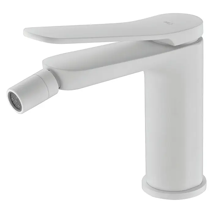 Imex Dinamarca Grifo monomando de bidé - Blanco - Imagen de un elegante grifo blanco mate con una forma única. Perfecto para un diseño de baño moderno con un toque de minimalismo.