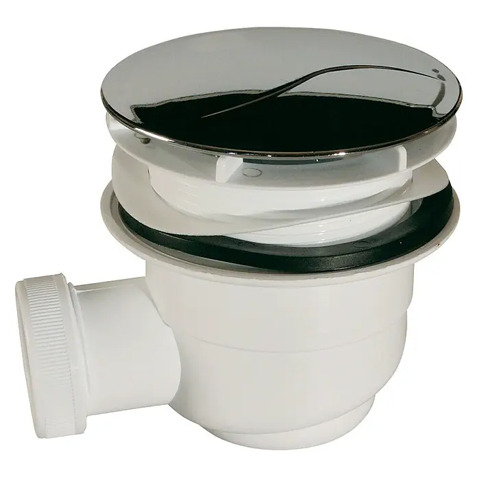 Válvula sifónica para ducha registrable con tapa - 115 mm - Imagen del producto de un desagüe de lavabo con tapa cromada y cuerpo de plástico blanco para sanitarios.
