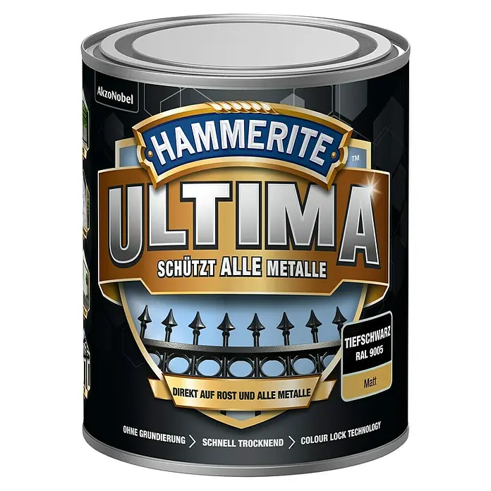 Hammerite Ultima Metall-Schutzlack - RAL 9005, Tiefschwarz, 750 ml, Matt, Wasserbasiert - Dose Hammerite Ultima Metallschutzlack, Tiefschwarz RAL 9005, Matt. Schützt Metalle direkt auf Rost, ohne Grundierung mit Colour Lock Technologie.