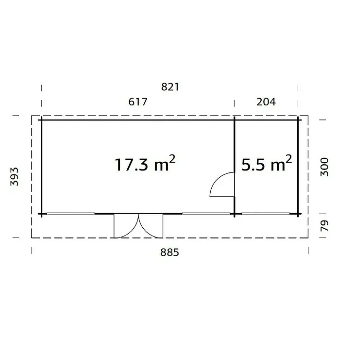 Palmako Gartenhaus Heidi - Außenmaß inkl. Dachüberstand (B x T): 885 x 393 cm, Holz, Natur - Grundriss des Gartenhauses mit Maßen und Flächenangaben der Räume, ideal für die Planung Ihres Gartenprojekts.