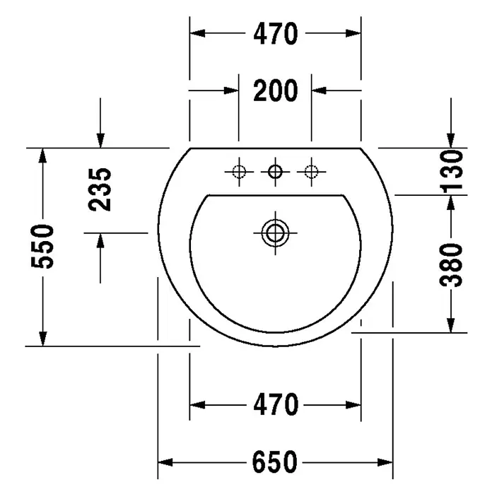 Duravit Darling New Waschtisch - 65 x 55 cm, Ohne Spezialglasur, Hahnloch: Mitte, Anzahl Hahnlöcher: 1, Weiß - Schema eines Waschbeckens mit Abmessungen. Das Waschbecken hat eine ovale Form mit drei Armaturlöchern.