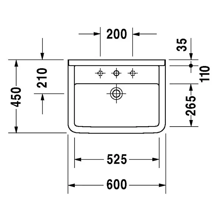 Duravit Starck 3 Waschtisch Typ 2 - 60 x 45 cm, Mit schmutzabweisender Glasur, Hahnloch: Mitte, Mit Überlauf, Weiß - Technische Zeichnung eines Waschtischs mit Maßangaben zu Breite, Höhe und Tiefe für Installationszwecke.