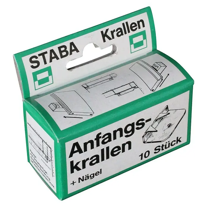 Staba Anfangskrallen - 10 Stk. - Packung STABA Anfangskrallen mit 10 Stück, inklusive Nägel, zur Befestigung von Paneelen mit Schattenfuge, doppelte Sicherung für hartes Holz.