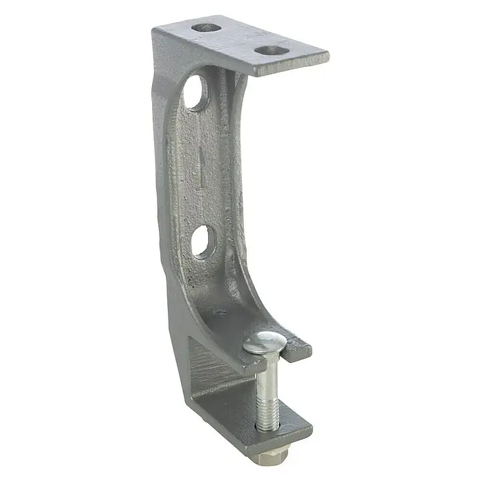 Wand- & Deckenhalter E3400-08 - 79 x 40 x 205 mm, Silber, Passend für: Sunfun Gelenkarm- und Hülsenmarkisen bis 4 m Breite - Nahaufnahme einer grauen Metallschelle mit Schraube, die zur Befestigung oder Unterstützung von Bauteilen verwendet wird.