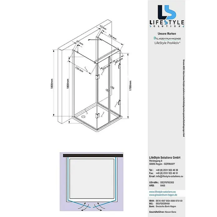Glaszentrum Hagen U-Duschkabine 80x80x80x180 cm Ares U-Duschkabine - Eloxiert, Transparent