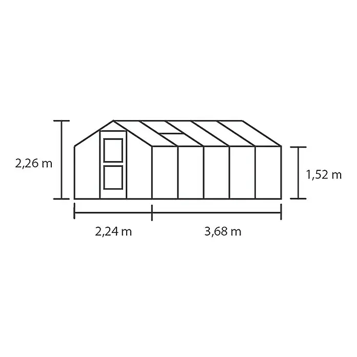 Juliana Gewächshaus Compact - Außenmaß inkl. Dachüberstand (B x T): 224 x 368 cm, Material Seitenwand: Glas, 3 mm, Anthrazit/Schwarz - Abbildung eines Gewächshauses mit Maßangaben zu Höhe und Breite. Die Grafik zeigt die Abmessungen des Produkts für den Aufbau.