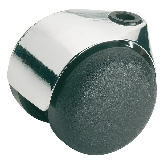 Stabilit Doppelrolle - Durchmesser Rollen: 50 mm, Traglast: 50 kg, Gleitlager - Nahaufnahme einer Rollenkugel, die aus poliertem Chrommetall und einer dunklen Kugel besteht. Ideal für Büromöbel.