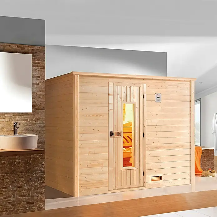 Weka Massivholzsauna BERGEN 7,5 kW OS MT Gr.3 - Elektroofen, Steuerung Ofen: Extern, L x B x H: 245,5 x 205 x 195 cm - Hier ist die klassische Holzsauna, die sich perfekt in Ihr Badezimmer einfügt und für ein authentisches Saunaerlebnis sorgt.