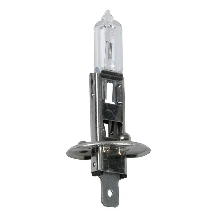 UniTEC Halogen-Scheinwerferlampe - H1, 1 Stk. - Nahaufnahme einer H1-Halogenlampe für Autos, die durch ihr klares Glasgehäuse und den Metallsockel hervorragende Sichtbarkeit bietet.