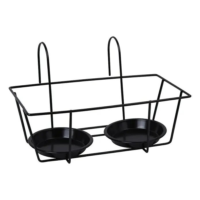 A.H.G. Soporte para maceta Cornwall - x 2, 340 x 240 x 200 mm, Negro - Jardinera de metal negro con dos insertos redondos. Está diseñado para ser conectado a una barandilla y ofrece espacio para dos plantas.