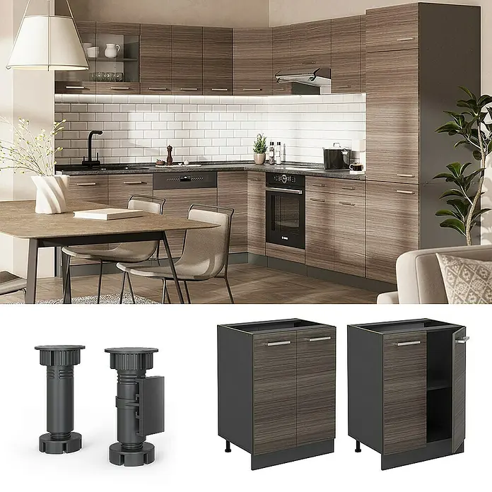 Vicco Schrankküche R-Line Edelgrau, AP Anthrazit - Edelgrau, Unterschrank 60 cm, AP Anthrazit