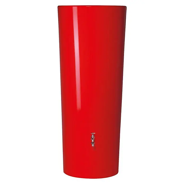 Garantia Modern Line Regenspeicher Color 2 in 1 - 350 l, Tomato - Eine rote Regentonnen-Säule mit einem silbernen Wasserhahn, ideal zur Wassersammlung im Garten.