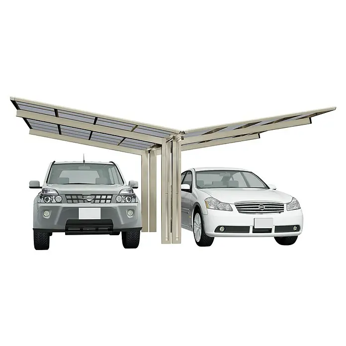 Ximax Carport LINEA Y 60 - Außenmaß inkl. Dachüberstand (B x T): 5,48 x 4,95 m, Doppelcarport, Edelstahloptik, Schneelast: 75 kg/m² - Ein Doppelcarport aus Metall bietet Schutz für zwei Autos, ein graues und ein weißes, und ist eine ideale Lösung für den Außenbereich.