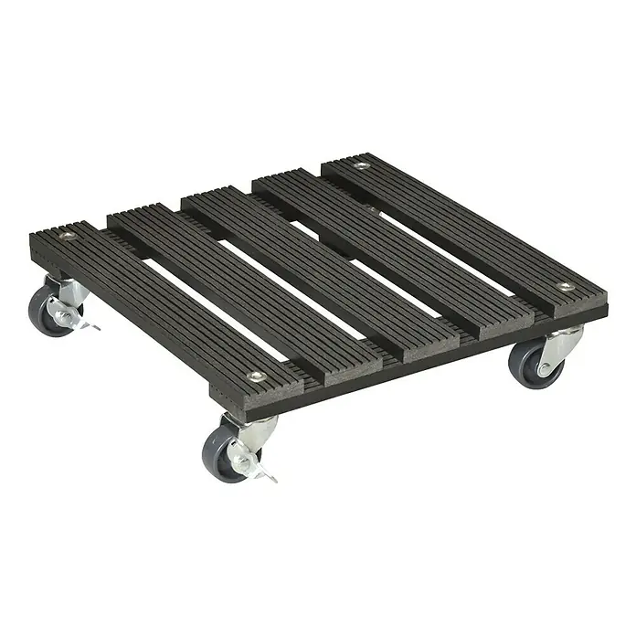 Wagner System Pflanzenroller - 29 x 29 cm, WPC, Anthrazit, Max. Belastung: 80 kg - Mobiler Rollwagen mit schwarzer, lattenförmiger Plattform und vier grauen Rollen für einfachen Transport von Gegenständen.