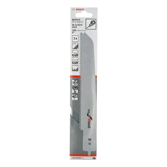 Bosch Säbelsägeblatt M 1142 H - Konstruktionsholz, Zahnabstand: 2,3 mm - Das Bild zeigt ein Bosch PFZ 500 E M 1142 HCS Sägeblatt, 235x36x0,9 mm, 9 Zoll, für schnelles und sauberes Schneiden von Holz.