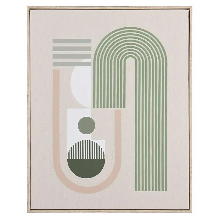 Bild - Norma V, B x H: 40 x 50 cm - Abstrakte Kunst mit geometrischen Formen in sanften Grün-, Beige- und Grautönen, gerahmt in hellem Holz. Ein stilvolles Wandbild für moderne Räume.