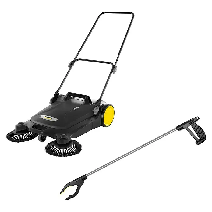 Kärcher Handkehrmaschine S 4 Twin Go!Further - Flächenleistung: 2.400 m²/h, 20 l - Das Bild zeigt eine Kärcher Kehrmaschine S 750 mit einem zusätzlichen Stiel, ideal für die schnelle und effiziente Reinigung von Flächen im Außenbereich.