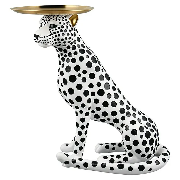 Beistelltisch Pantra - L x B: 59 x 30 cm - Dekorative Servierplatte mit weißem, gepunktetem Leopardenfuß. Ein stilvolles Möbelstück, das als Beistelltisch oder skulpturale Dekoration dient.