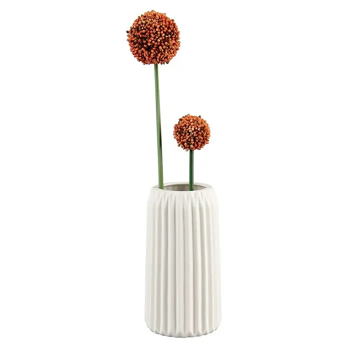 Vase Ruffle - Ø x H: 10,5 x 20 cm, Keramik, Weiß - Dekorative Zimmerpflanze mit zwei Allium-Blüten in einer stilvollen, weißen Vase. Die Blütenstände sind orangefarben und kugelrund.