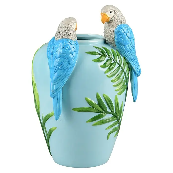 Vase Ara - L x B x H: 20,5 x 19 x 31,5 cm, Keramik, Blau - Dekorative Blumenvase mit zwei bunten Papageien und Blättern als Verzierung. Ein Blickfang für jeden Raum.