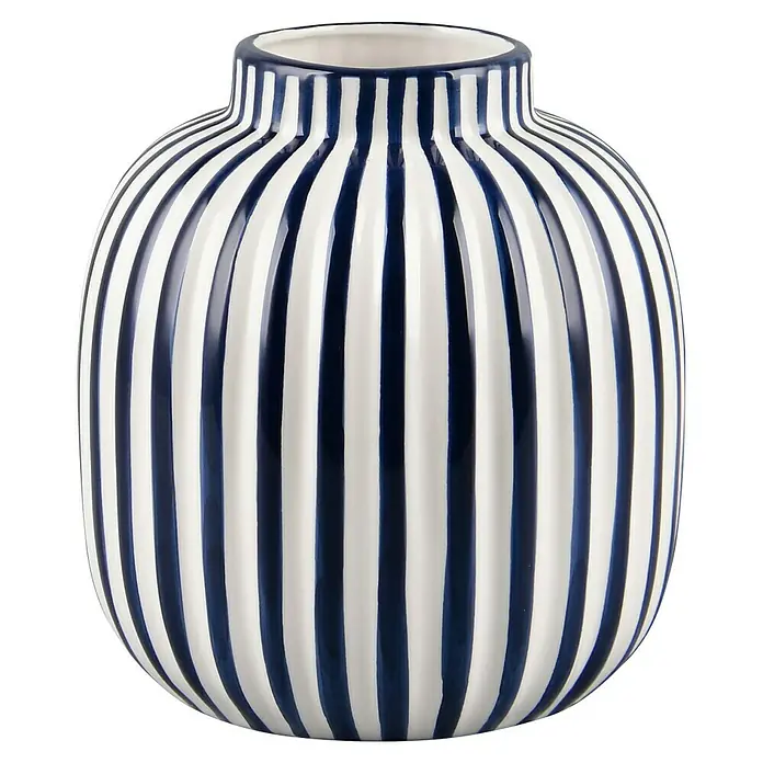 Vase Savanna - Ø x H: 19 x 20,7 cm, Keramik, Blau - Dekorative Vase mit blau-weißen Streifen. Die Vase ist ein schönes Dekorationsstück für jeden Raum und sorgt für ein stilvolles Ambiente.
