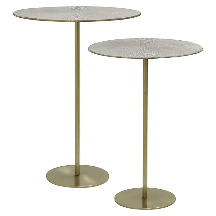 Beistelltisch-Set Solon - 2 -tlg., Gold, Metall - Zwei elegante goldene Beistelltische mit runden Platten und filigranen Mustern, ideal für moderne Wohnräume.
