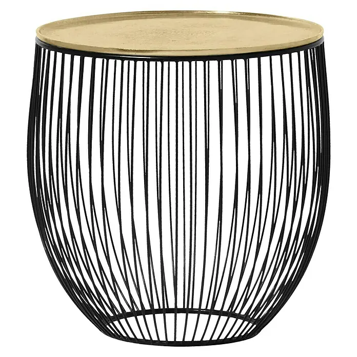Beistelltisch Rina - Ø x H: 42 x 43 cm, Metall, Schwarz/Gold - Eleganter Beistelltisch mit goldfarbener Platte und schwarzem Drahtgestell. Ein stilvolles Möbelstück für moderne Wohnräume.