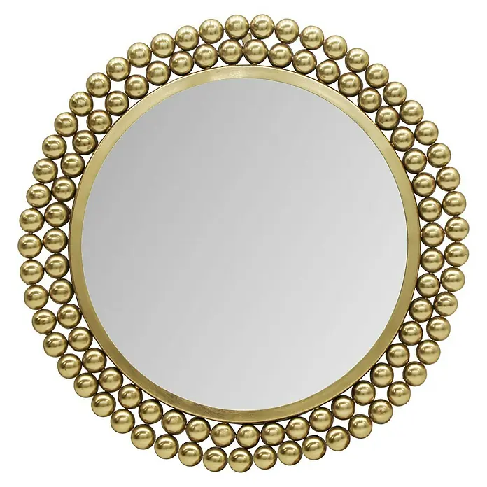 Wandspiegel Amelia - Durchmesser: 46 cm, Gold, Metall - Goldener Spiegel mit dekorativem Kugelrahmen. Ein eleganter Akzent für jeden Raum, der Stil und Raffinesse vereint.