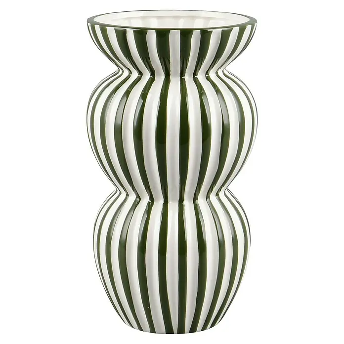 Vase Savanna - Ø x H: 15,5 x 28,5 cm, Keramik, Grün - Eine dekorative Vase mit grün-weißen Streifen, die ein stilvolles und modernes Design bietet. Ideal als Blickfang für jedes Zuhause.