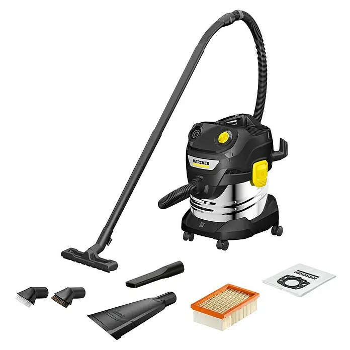 Kärcher Elektro-Nass- & Trockensauger WD 4 S GO!Further - 1.100 W, Behältervolumen: 20 l - Abbildung eines Kärcher Nass- und Trockensaugers mit Zubehör. Ideal für Haus, Werkstatt und Garage. Leistungsstark und vielseitig.