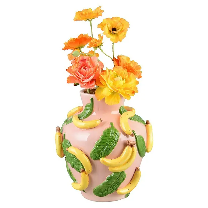 Vase Bana - Ø x H: 23,7 x 26 cm, Keramik, Rosa/Gelb - Exotische rosafarbene Vase mit Bananenmuster und gelben Blüten für einen fröhlichen Farbtupfer in Ihrem Zuhause.