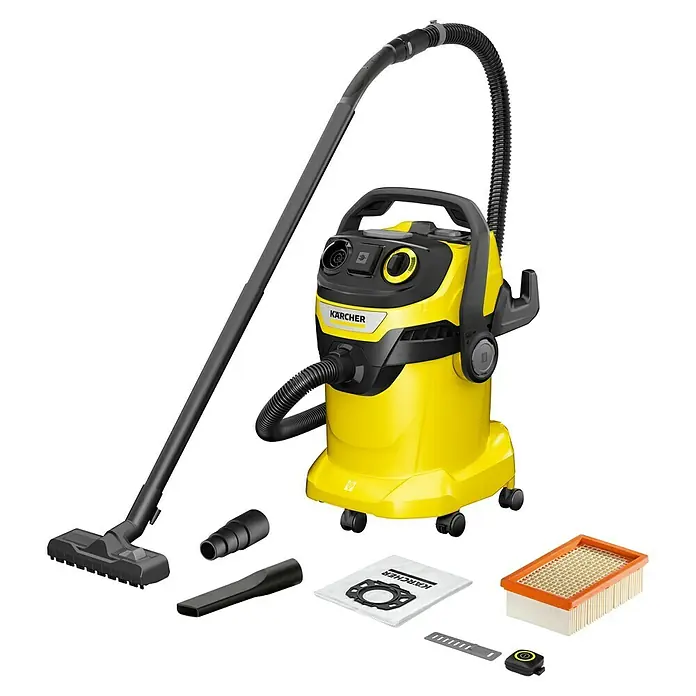 Kärcher Elektro-Nass- & Trockensauger WD 5 Control P 25/5/22 - 1.200 W, Behältervolumen: 25 l - Abbildung eines Kärcher Nass-Trockensaugers mit Zubehör, ideal für verschiedene Reinigungsaufgaben im Haus und im Außenbereich.
