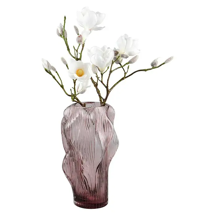 Vase Vapor - Glas, Rosa - Elegante Nahaufnahme einer rosafarbenen Vase mit weißen Blüten, die ein Gefühl von Frühling und Raffinesse vermittelt.