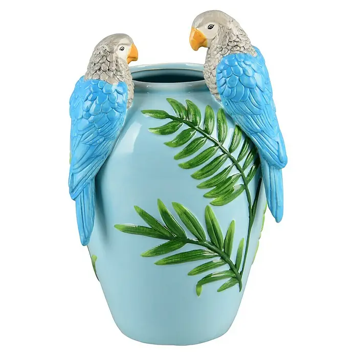 Vase Ara - L x B x H: 20,5 x 19 x 31,5 cm, Keramik, Blau - Hellblaue Vase mit Papageien und Blättern für einen tropischen Touch. Dekoratives Wohnaccessoire für Pflanzen und Blumen.