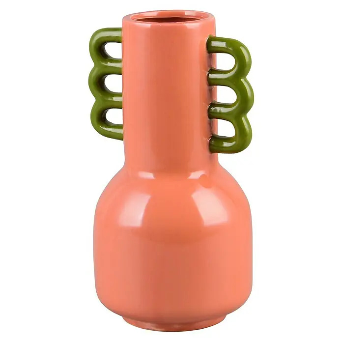 Vase Kofi - L x B x H: 15,5 x 14 x 26,5 cm, Keramik, Rosa/Grün - Dekoratives Foto einer rosa Vase mit grünen Henkeln, die sich ideal für die Inneneinrichtung und als stilvolles Wohnaccessoire eignet.