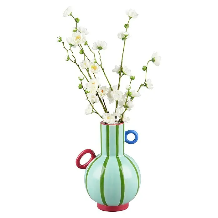 Vase Nila - L x B x H: 17 x 15,5 x 23,8 cm, Keramik, Grün/Blau/Rot - Dekoratives Produktbild einer Blumenvase mit Henkeln und floralem Arrangement, ideal für Wohnambiente.