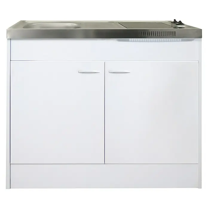 Respekta Minicocina Levin - 100 cm, Blanco, Placa de cocción - Armario con fregadero y hornilla, frentes blancos y elementos plateados, para una cocina moderna y práctica.