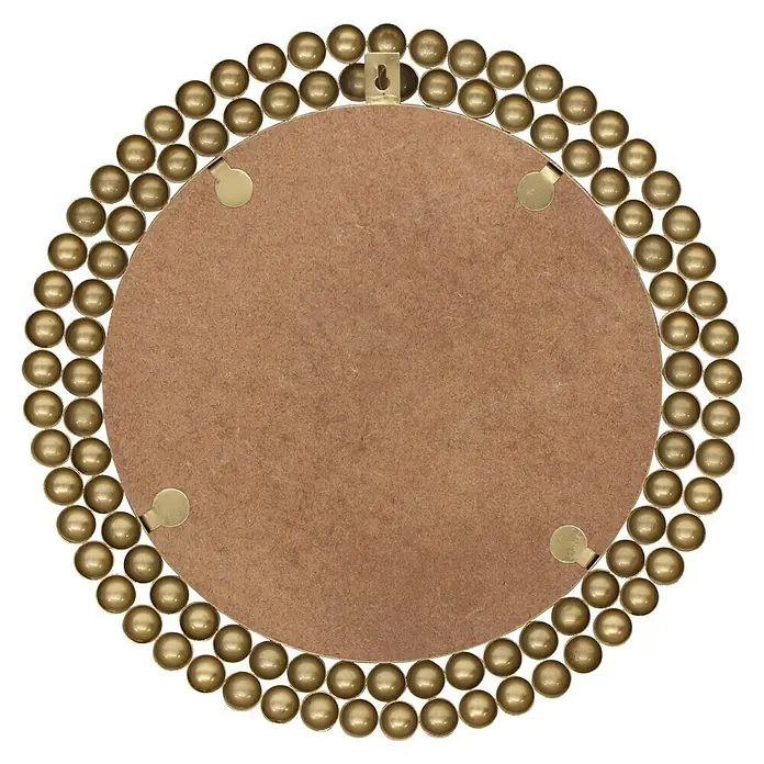 Wandspiegel Amelia - Durchmesser: 46 cm, Gold, Metall - Rückseite eines runden Wandspiegels mit goldfarbenem Kugeldekor. Die braune Rückwand und die Aufhängevorrichtung sind sichtbar.