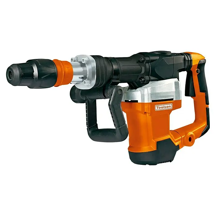 Toolson PRO Martillo demoledor HM 27 MAX - 1.500 W, 32 J, Alojamiento SDS-MAX - Primer plano de un martillo demoledor naranja Toolson, diseñado para trabajos de demolición pesados. La herramienta parece robusta y potente.