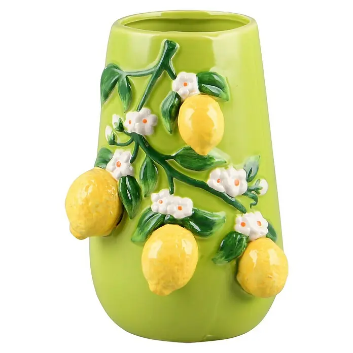 Vase Citri - L x B x H: 16 x 15 x 22 cm, Keramik, Grün/Gelb - Eine Keramikvase in Limettengrün mit erhabenen Zitronen, Blüten und Blättern, die ein fröhliches und dekoratives Element darstellt.