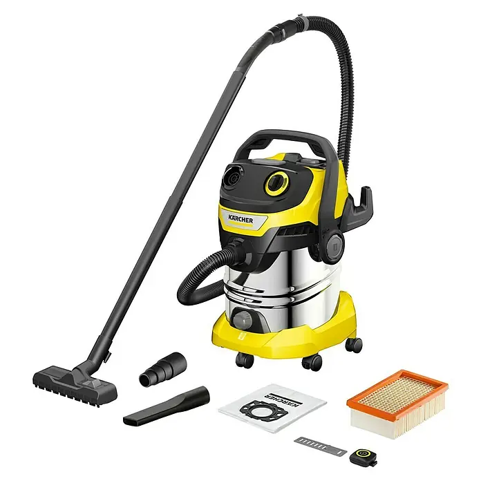 Kärcher Elektro-Nass- & Trockensauger WD 5 Control S 25/5/22 - 1.200 W, Behältervolumen: 25 l - Abbildung eines Kärcher Mehrzwecksaugers mit Zubehör. Der Staubsauger ist gelb und silber.