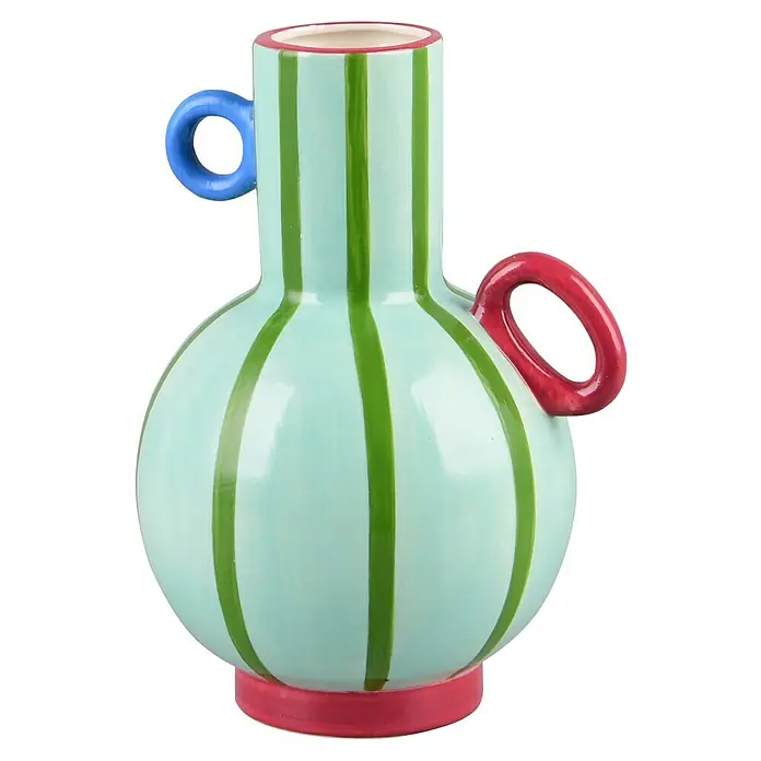 Vase Nila - L x B x H: 17 x 15,5 x 23,8 cm, Keramik, Grün/Blau/Rot - Eine bauchige Vase mit schmalem Hals, hellblauer Glasur und grünen Streifen, dazu rote und blaue Henkel und roter Rand.