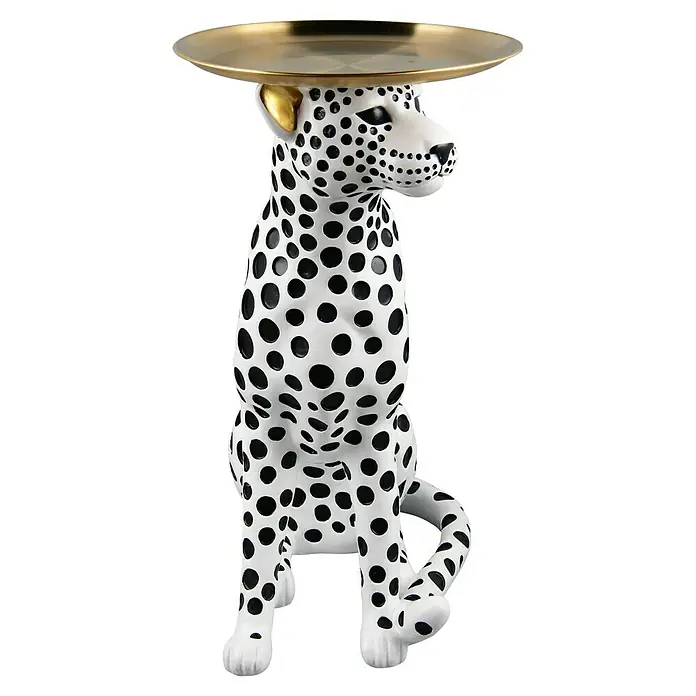 Beistelltisch Pantra - L x B: 59 x 30 cm - Dekorative Beistelltisch in Hundeform, mit goldenem Tablett auf dem Kopf, ideal für moderne Wohnräume.