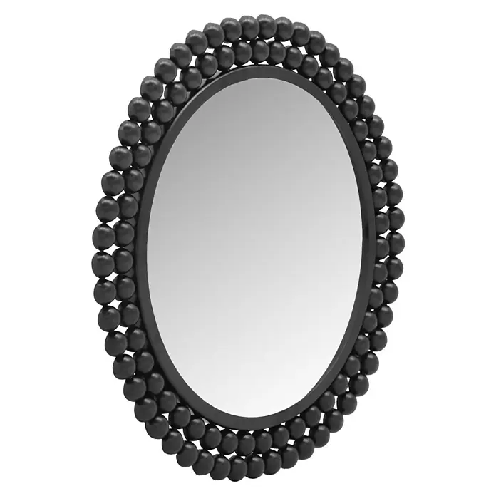 Wandspiegel Amelia - Durchmesser: 46 cm, Schwarz, Metall - Elegantes ovales Wandspiegel mit schwarzem Perlenrahmen, ein stilvolles Dekorationsstück für jeden Raum.