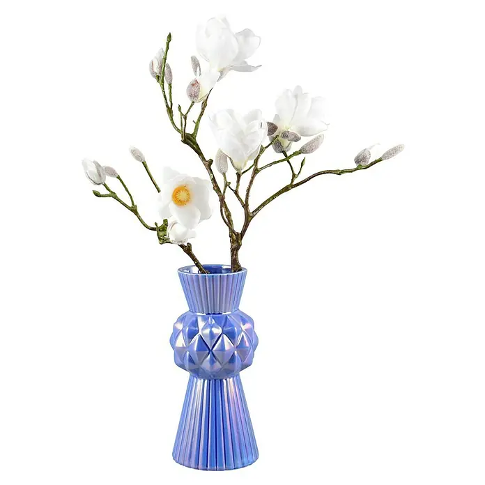 Vase Voro - Ø x H: 13 x 28,5 cm, Keramik, Blau - Elegante blaue Glasvase mit Magnolienzweigen. Ein dekoratives Objekt, das jedem Raum einen Hauch von Frühling verleiht und die Blicke auf sich zieht.