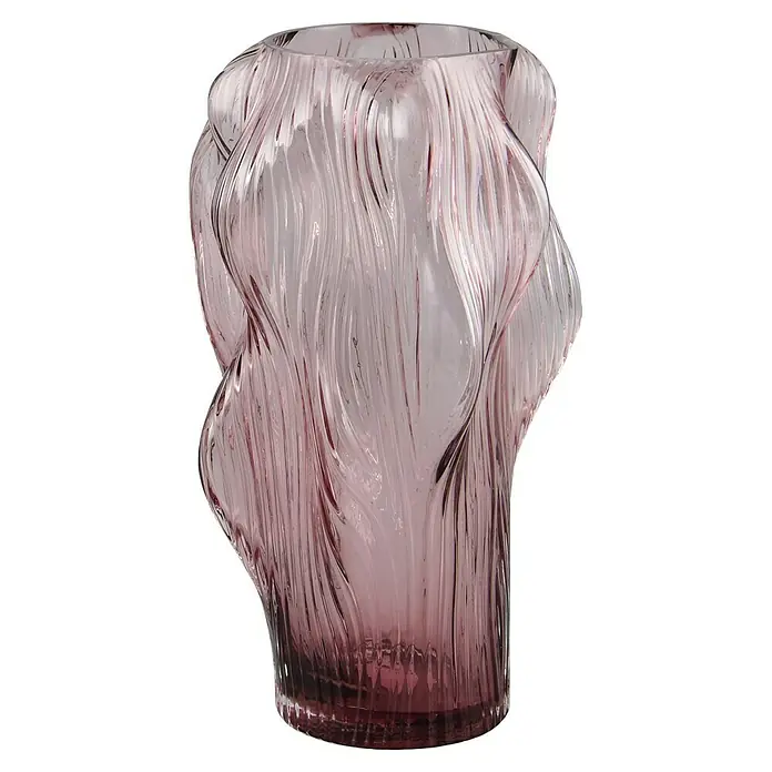 Vase Vapor - Glas, Rosa - Nahaufnahme einer dekorativen rosafarbenen Glasvase mit einem einzigartigen gewellten Design. Die Vase hat eine elegante Form.