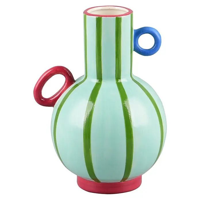 Vase Nila - L x B x H: 17 x 15,5 x 23,8 cm, Keramik, Grün/Blau/Rot - Farbenfrohe Keramikvase mit Henkeln in Rot und Blau. Die Vase hat grüne Streifen auf hellblauem Grund und einen roten Rand.