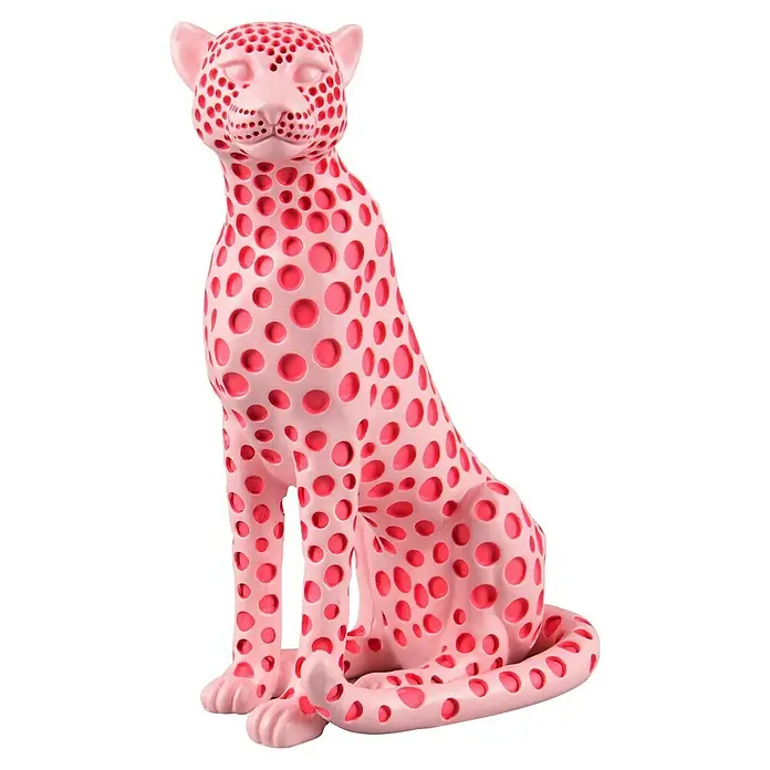 Dekofigur Pantra - L x B x H: 19 x 10,5 x 26 cm, Rosa, Kunststoff - Rosa Leopardenskulptur mit roten Löchern, eine moderne und auffällige Dekoration für Ihr Zuhause.