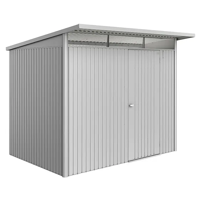 Biohort AvantGarde Gerätehaus Eco A5 - Außenmaß inkl. Dachüberstand (B x T): 260 x 220 cm, Silber Metallic, Einzeltür, Stahl - Das Bild zeigt ein graues Gerätehaus mit Lamellenstruktur und einem Pultdach, ideal für die Aufbewahrung im Freien.